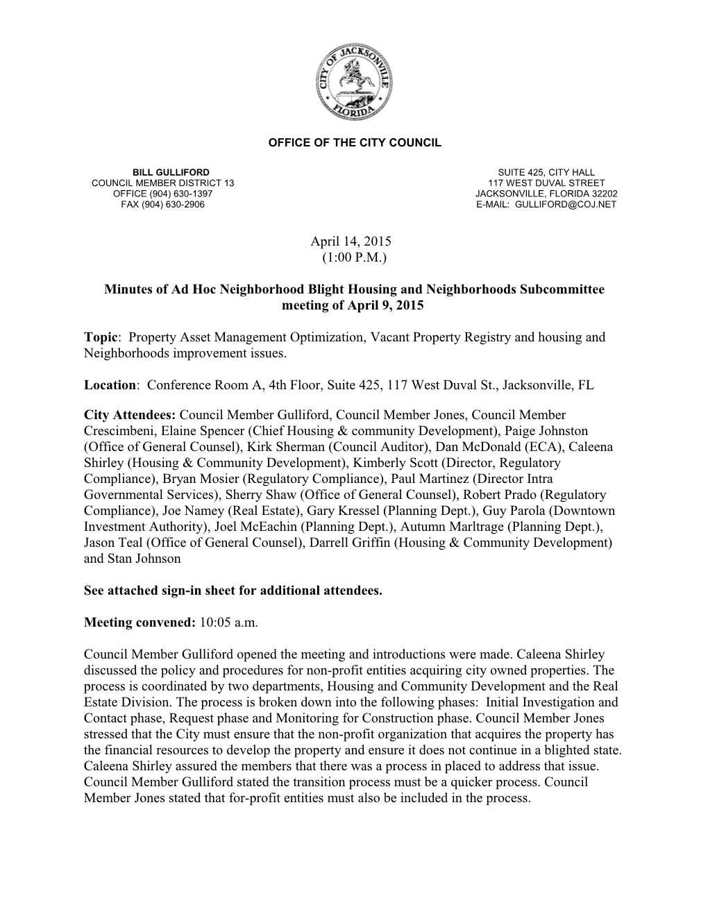 Minutes of Ad Hoc Neighborhood Blight Housing and Neighborhoods Subcommittee Meetingof