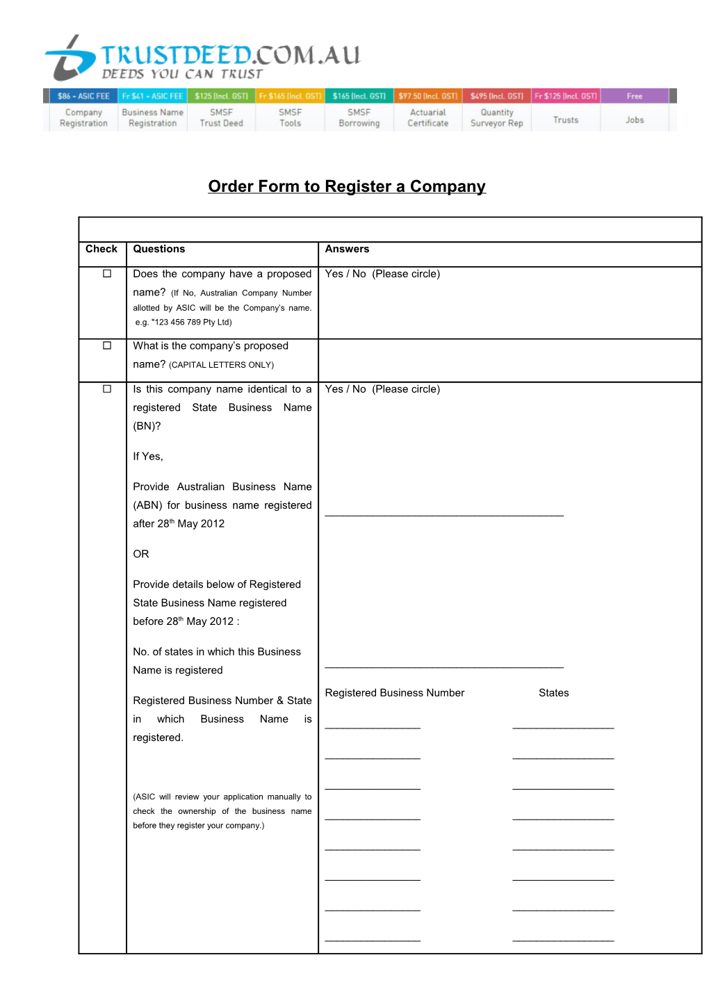 Order Form Toregister a Company
