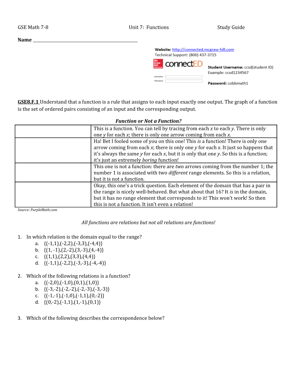 GSE Math 7-8 Unit 7: Functionsstudy Guide
