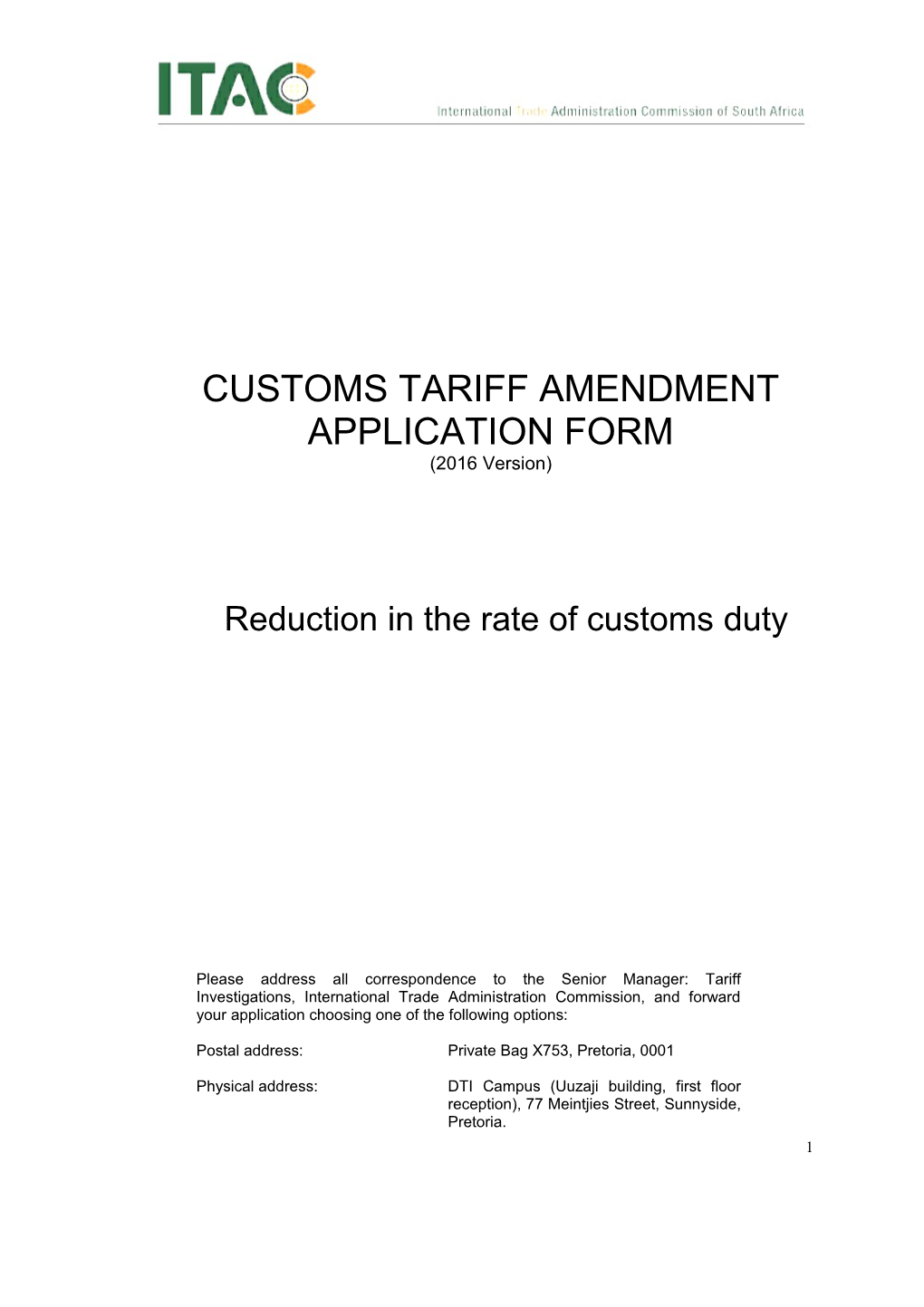 Customs Tariff Amendment Application Form