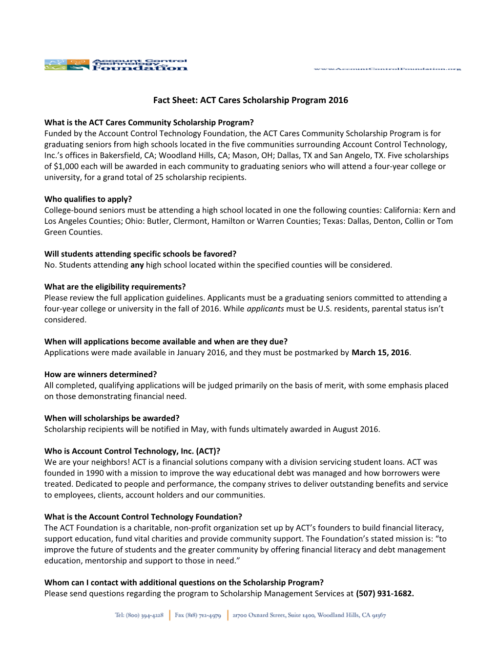 Fact Sheet: ACT Cares Scholarship Program 2016