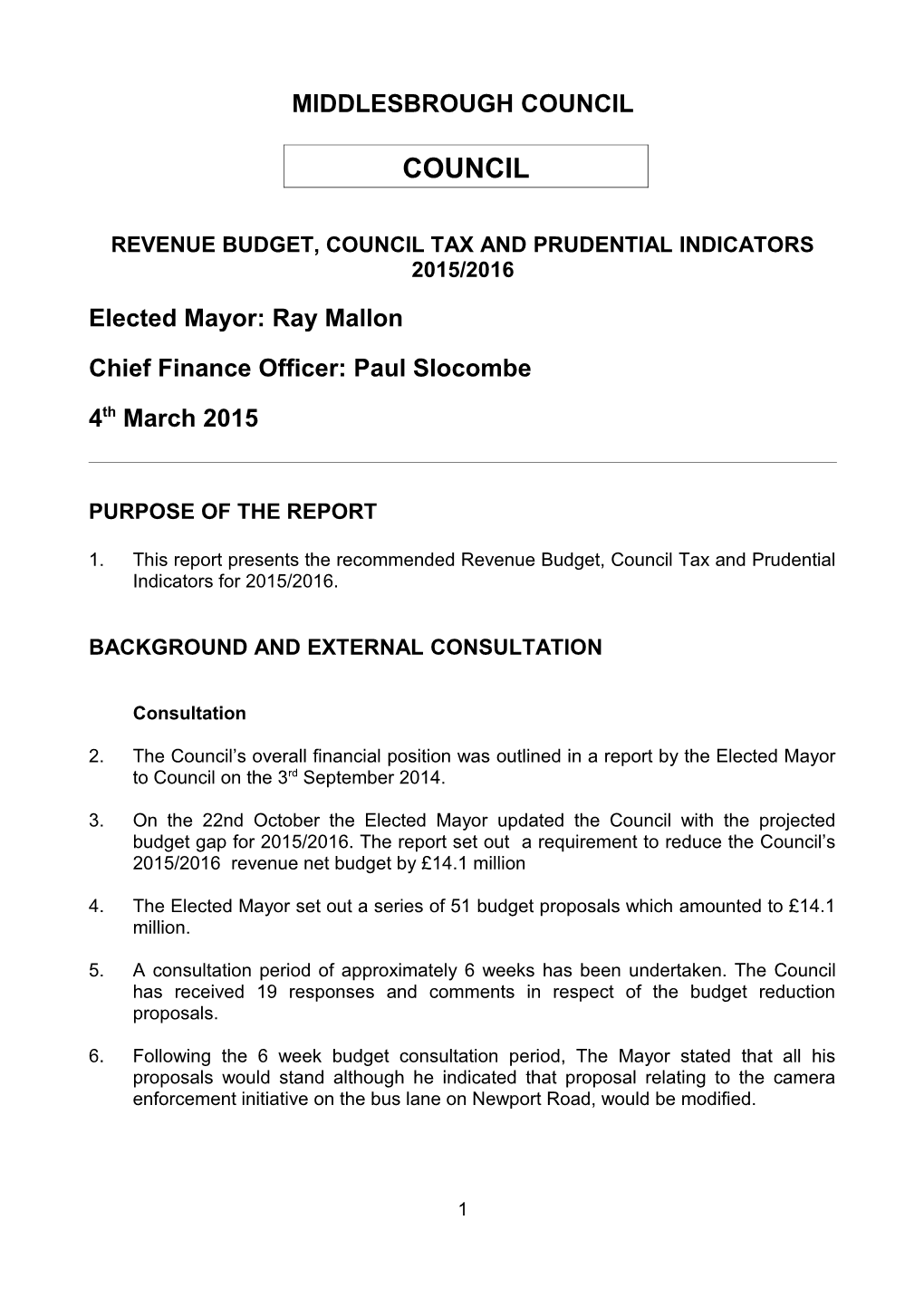 REVENUE BUDGET, Council Tax and Prudential Indicators 2015/2016
