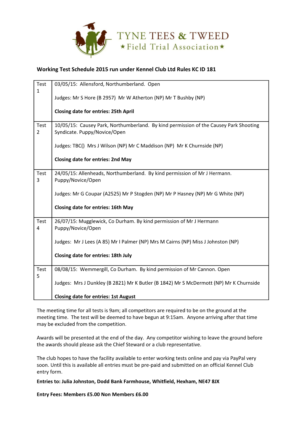 Working Test Schedule 2015 Run Under Kennel Club Ltd Rules KC ID 181