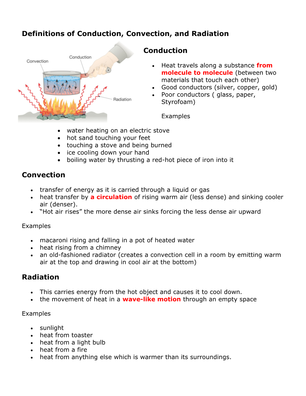 Definitions of Conduction, Convection, and Radiation