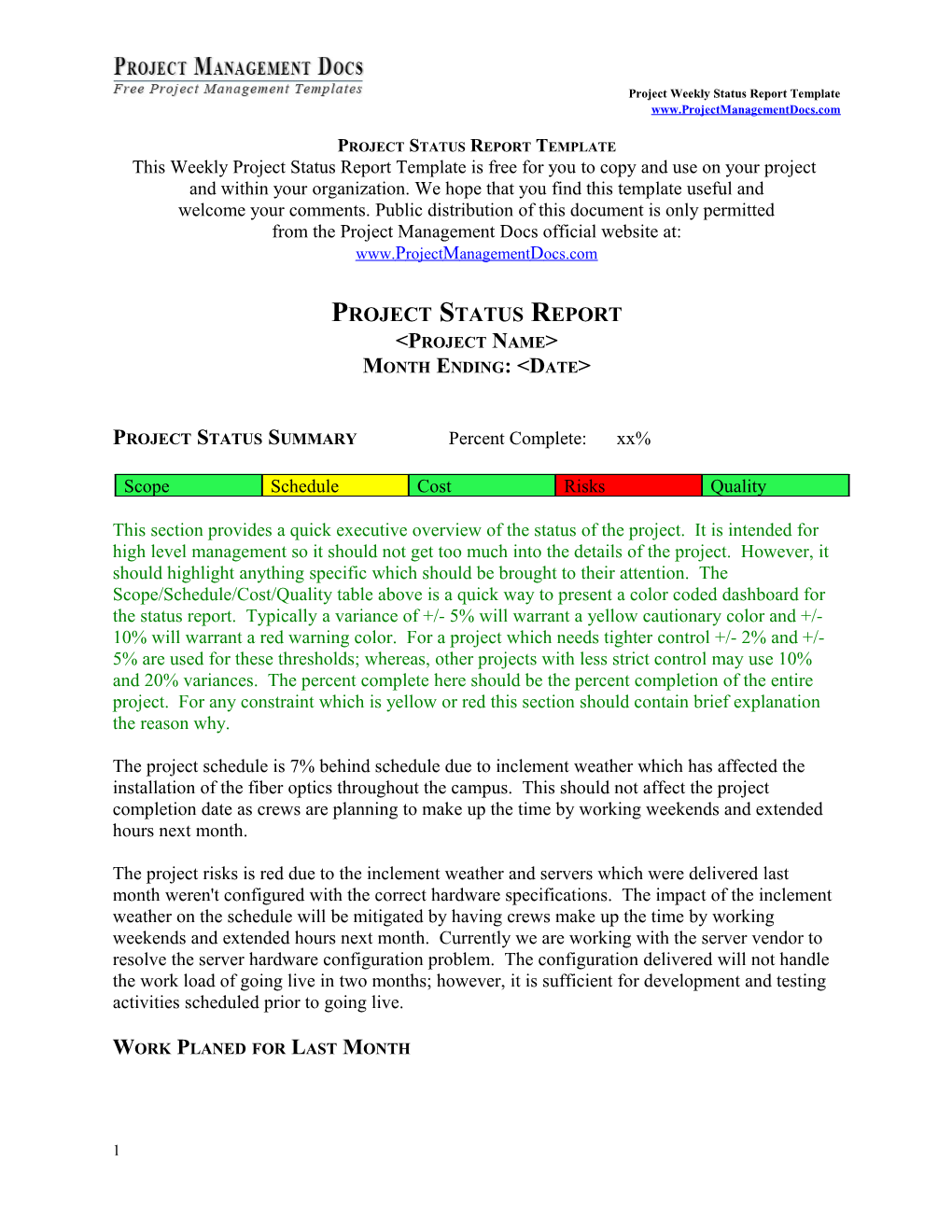 Project Weekly Status Report Template