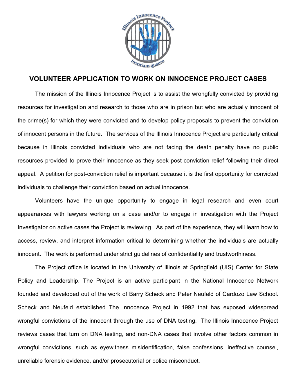 Application to Work on Innocence Project Cases