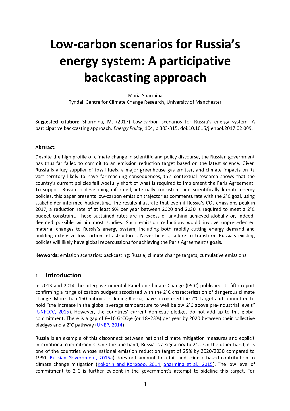 Low-Carbon Scenarios for Russia S Energy System: a Participative Backcasting Approach