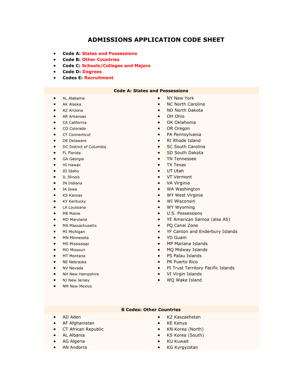 Admissions Application Code Sheet