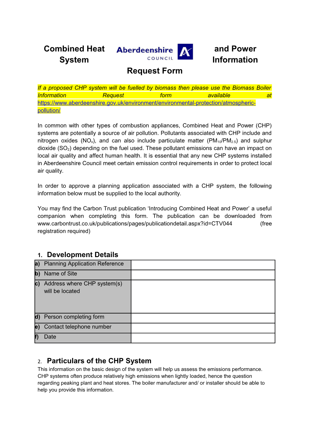 Combined Heat and Power System Information Request Form