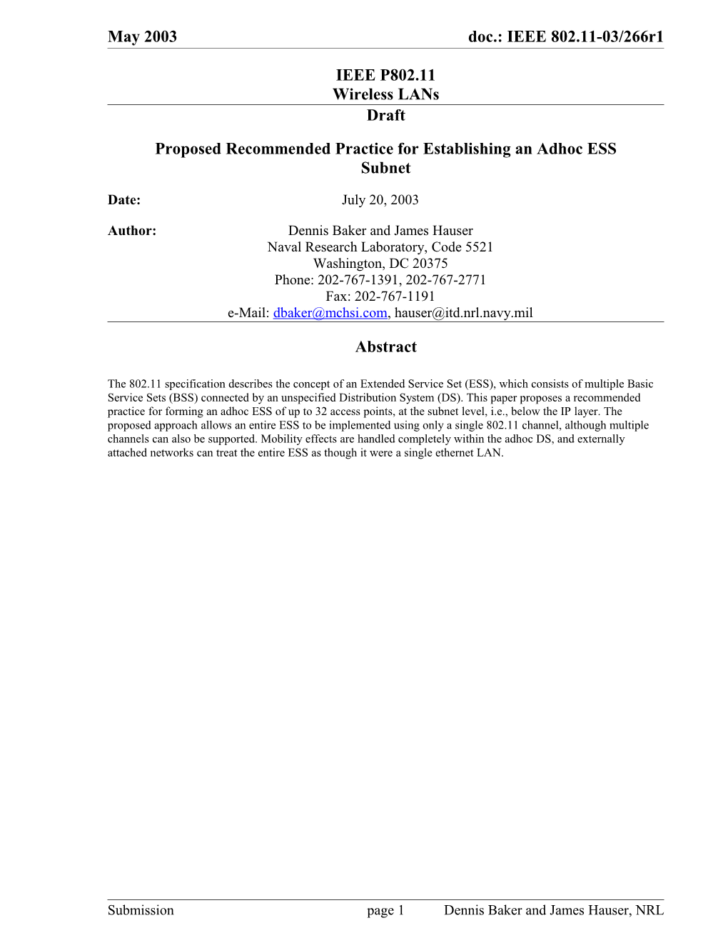 Proposed Recommended Practice for Establishing an Adhoc ESS Subnet