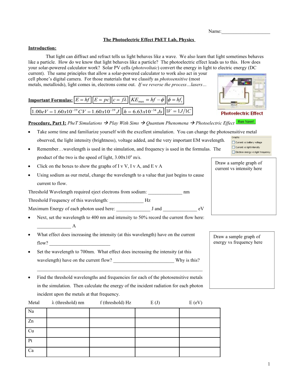 The Photoelectric Effect Phet Lab, Physics