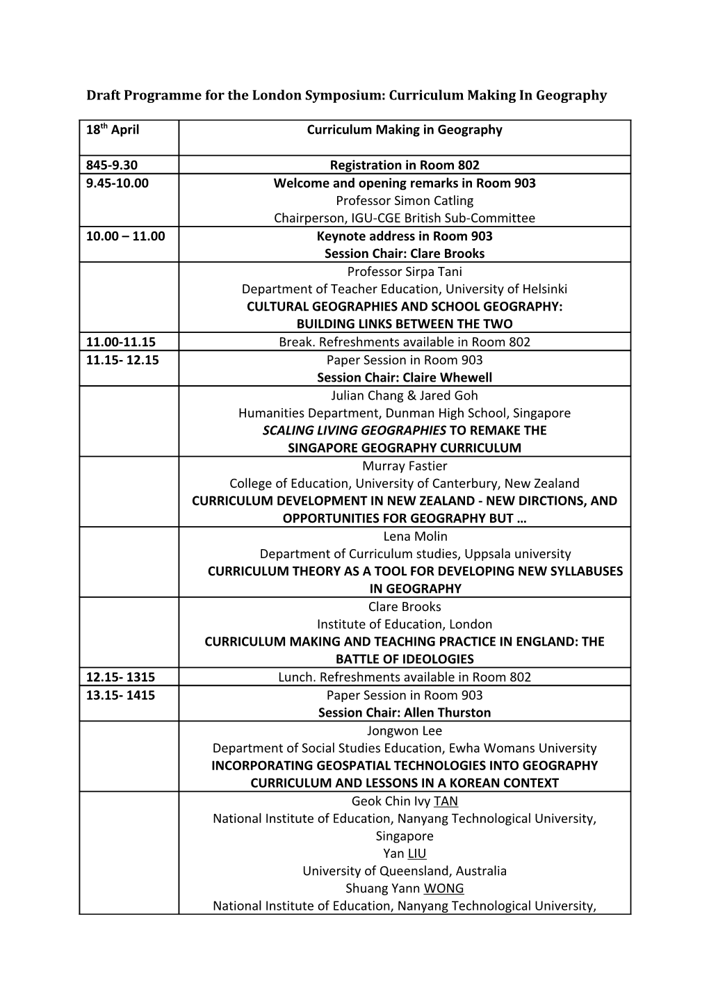 Draft Programme for the London Symposium: Curriculum Making in Geography