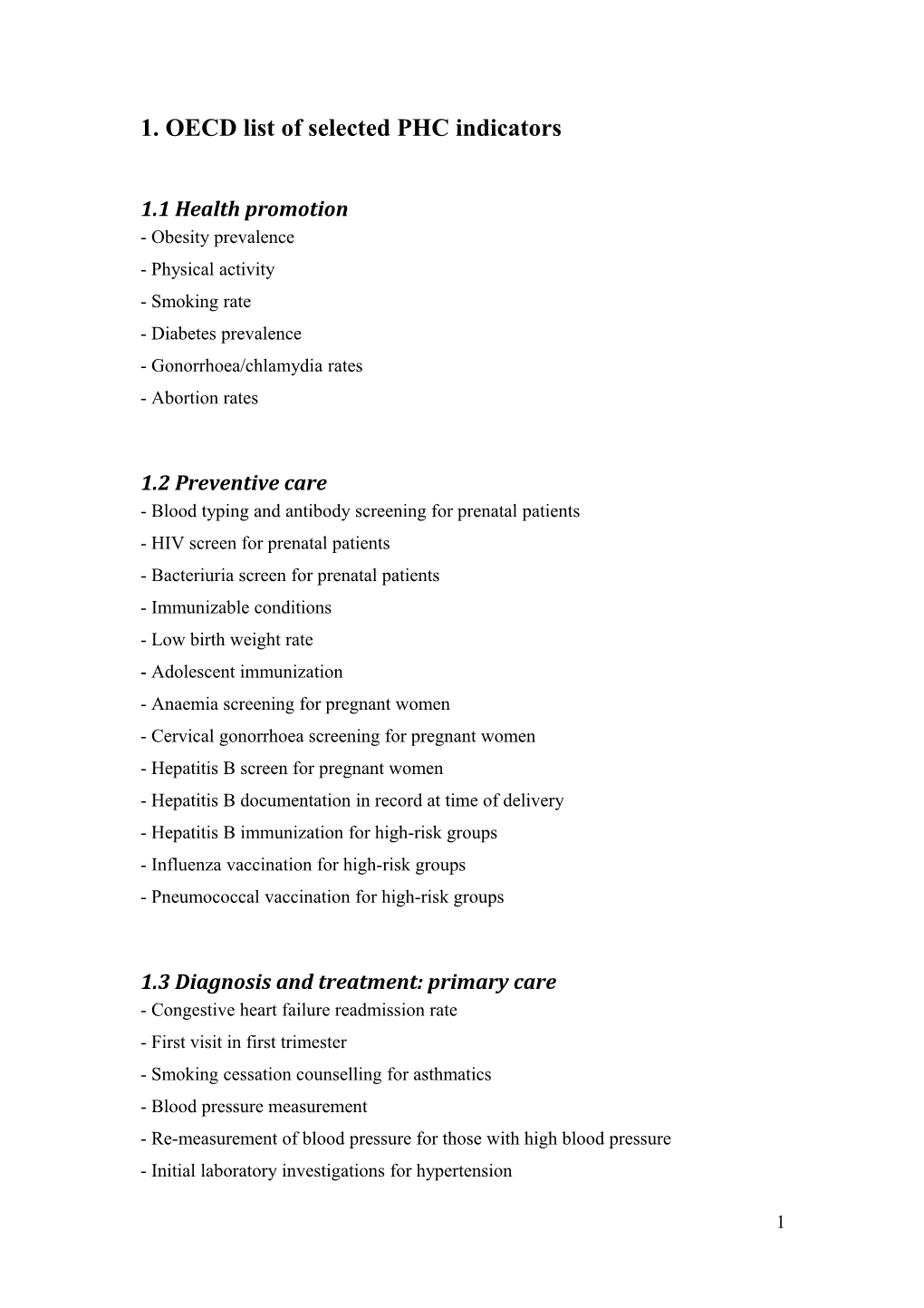 1. OECD List of Selected PHC Indicators