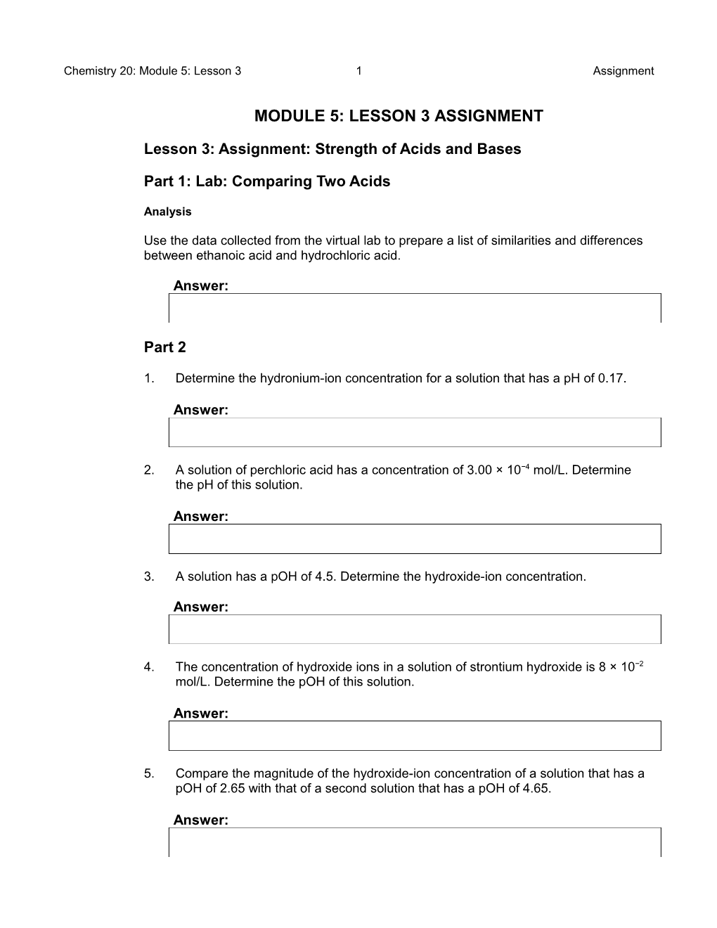 Lesson 3: Assignment: Strength of Acids and Bases