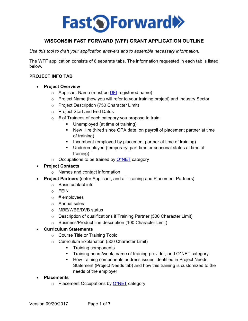 Wisconsin Fast Forward (Wff) Grant Application Outline