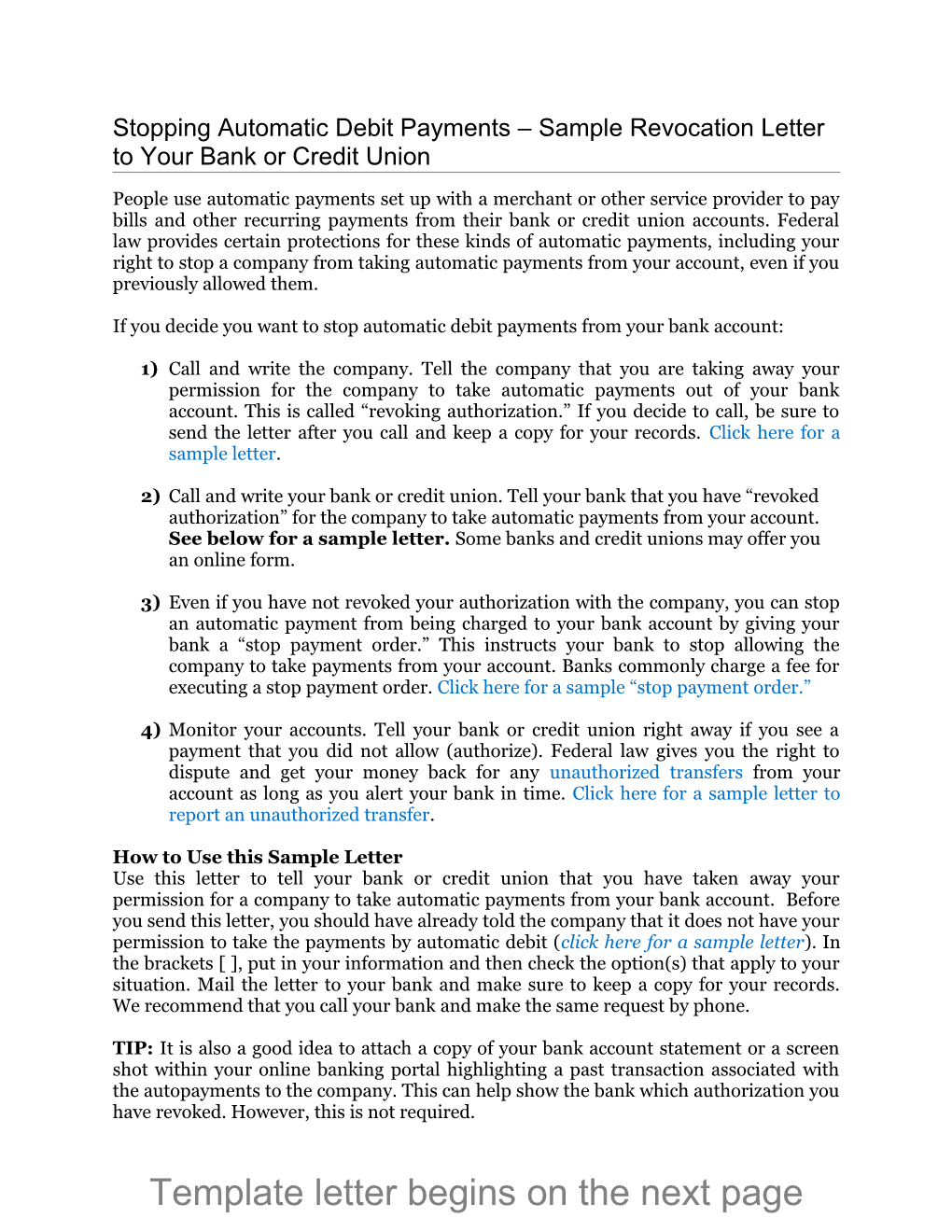 Stopping Automatic Debit Payments Sample Revocation Letter to Your Bank Or Credit Union