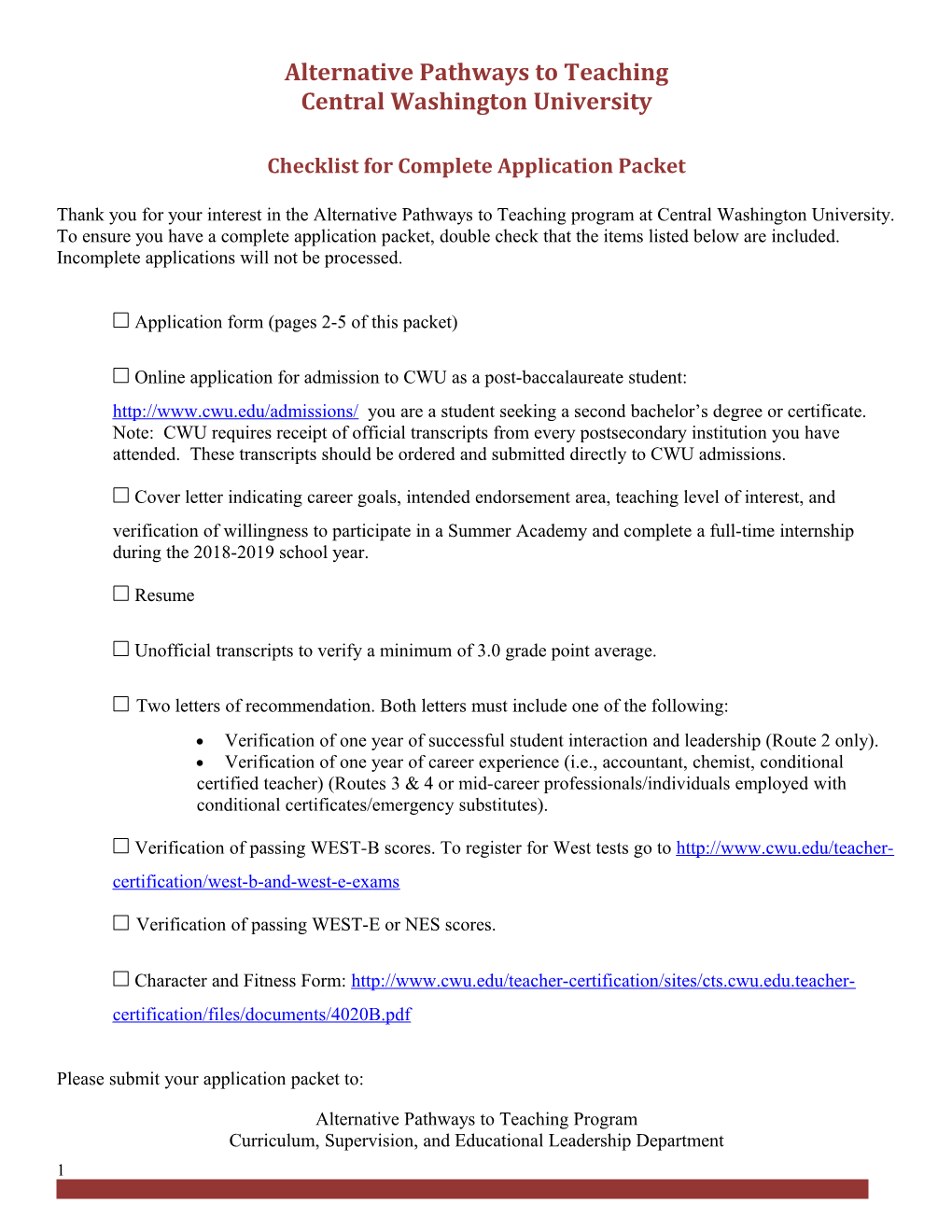 Checklist for Complete Application Packet
