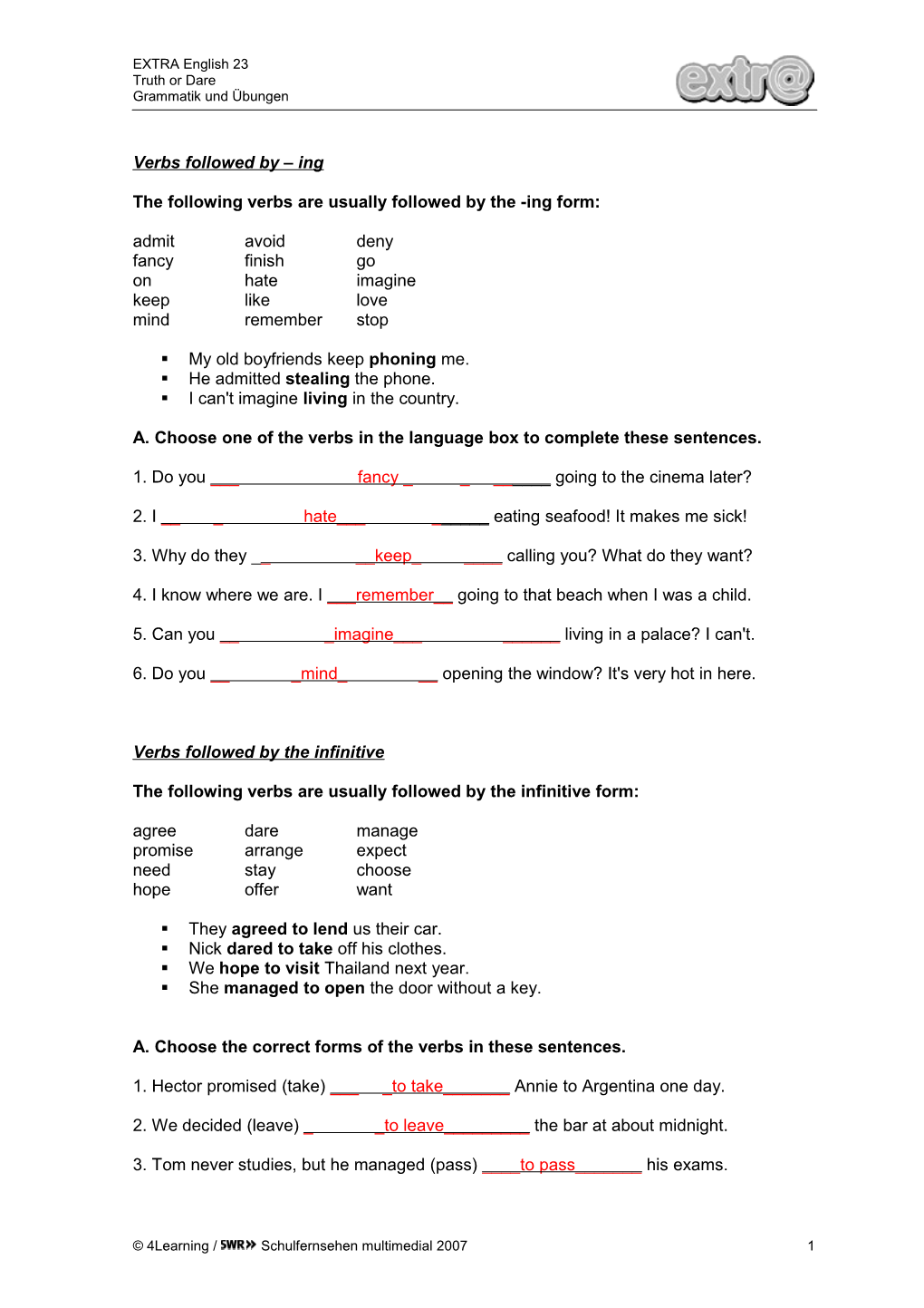 The Following Verbs Are Usually Followed by the -Ing Form