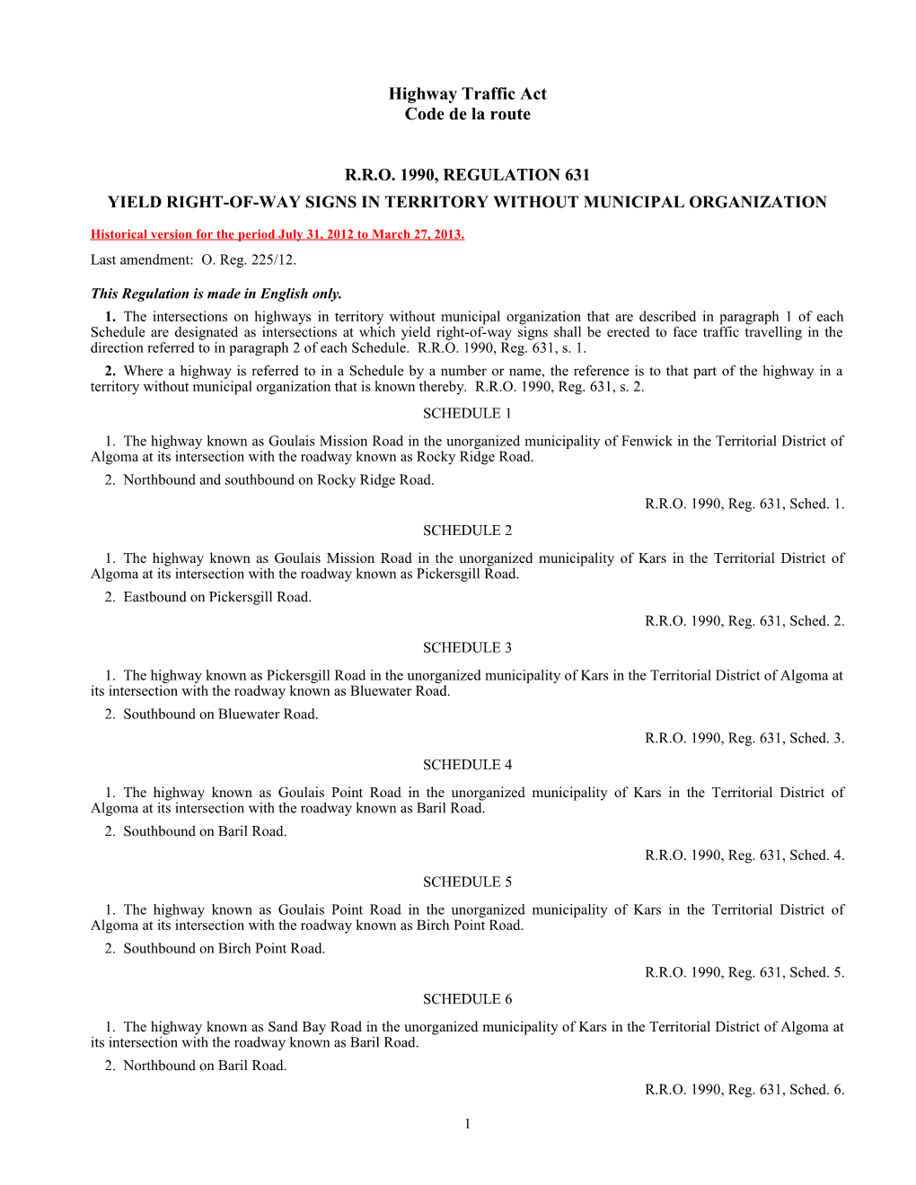 Highway Traffic Act - R.R.O. 1990, Reg. 631