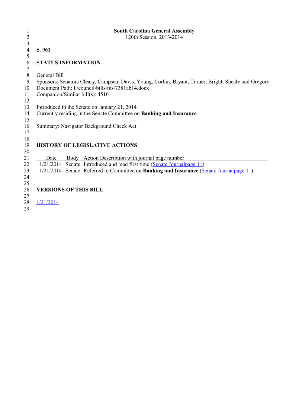 2013-2014 Bill 961: Navigator Background Check Act - South Carolina Legislature Online