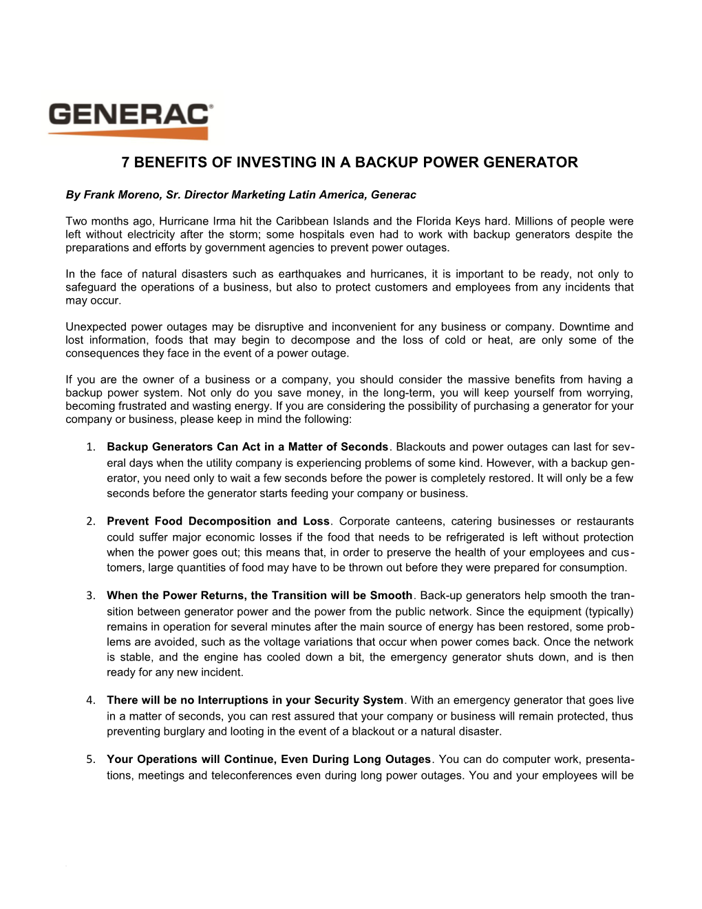 7 Benefits of Investing in a Backup Power Generator
