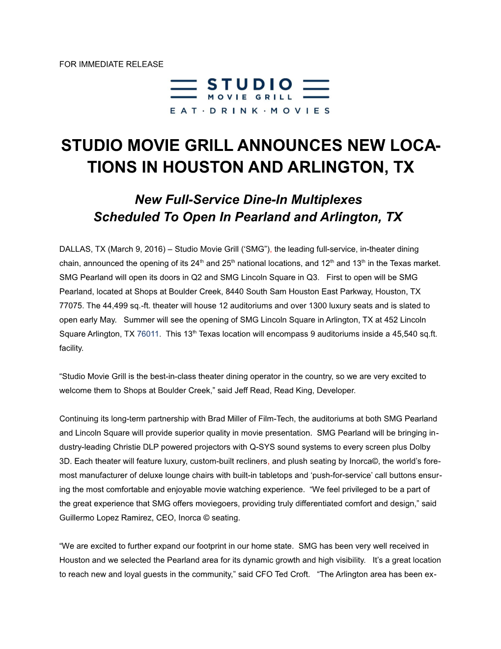 Studio Movie Grill Announces New Locations in Houston and Arlington, TX