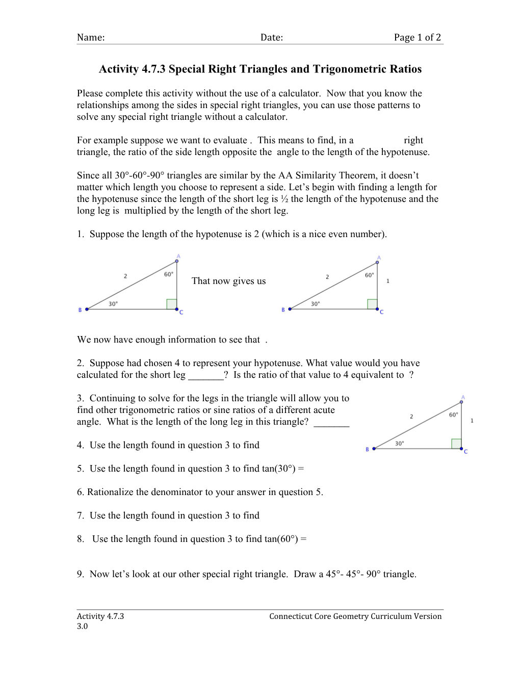 Activity 4.7.3 Special Right Triangles and Trigonometric Ratios