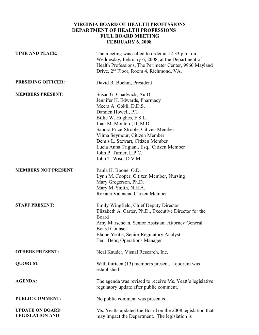 Board of Health Professions Minutes Feb 2008
