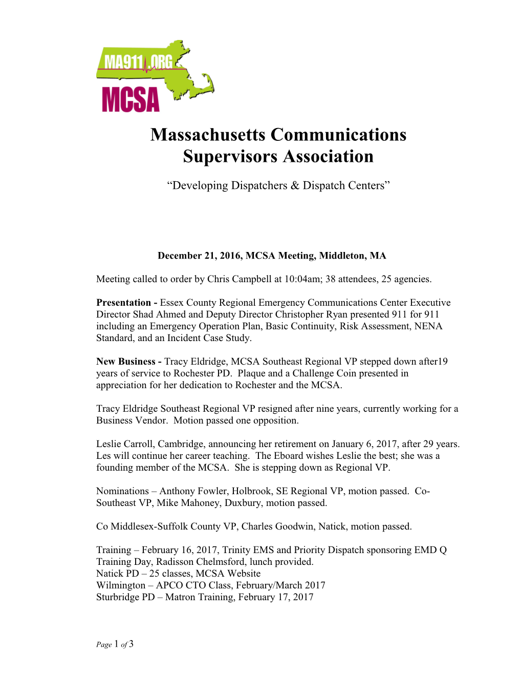 December 21, 2016, MCSA Meeting, Middleton, MA
