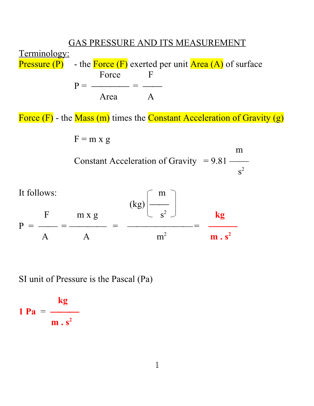 Gas Pressure and Its Measurement