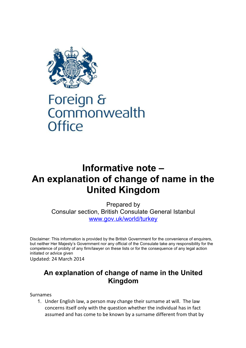 An Explanation of Change of Name in the United Kingdom