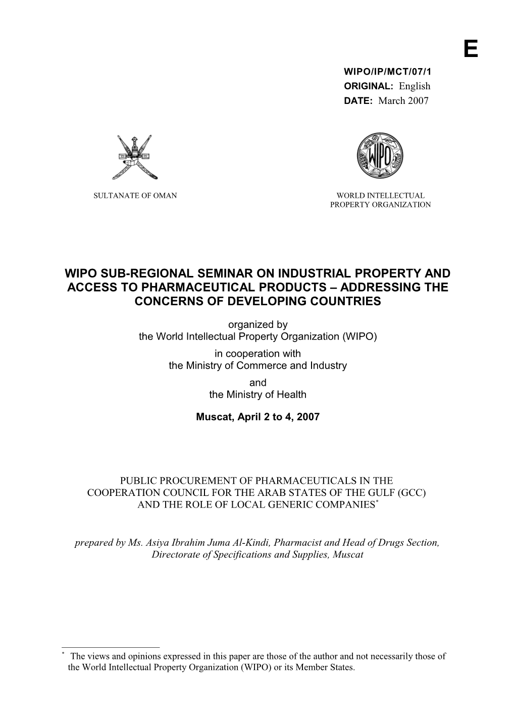 WIPO/IP/MCT/07/1: Public Procurement of Pharmaceuticals in the Cooperaiton Council For