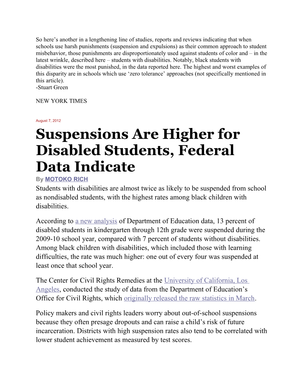 Suspensions Are Higher for Disabled Students, Federal Data Indicate