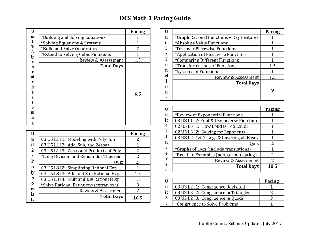 Dcsmath 3 Pacing Guide