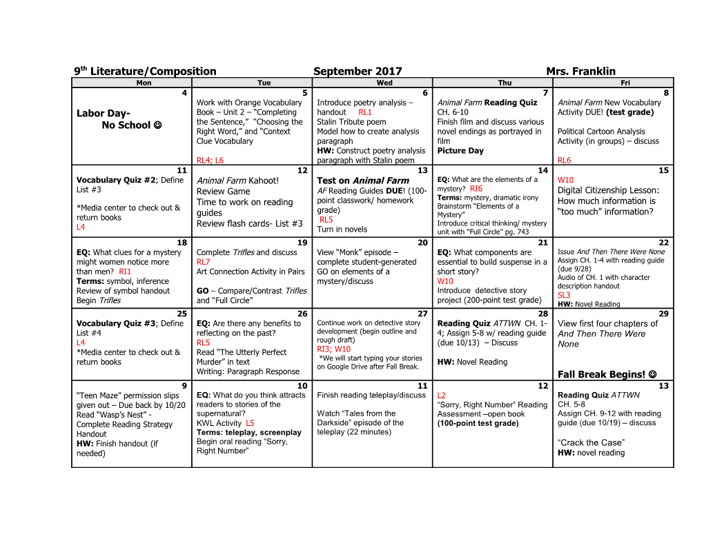 9Th Literature/Composition September 2017 Mrs. Franklin