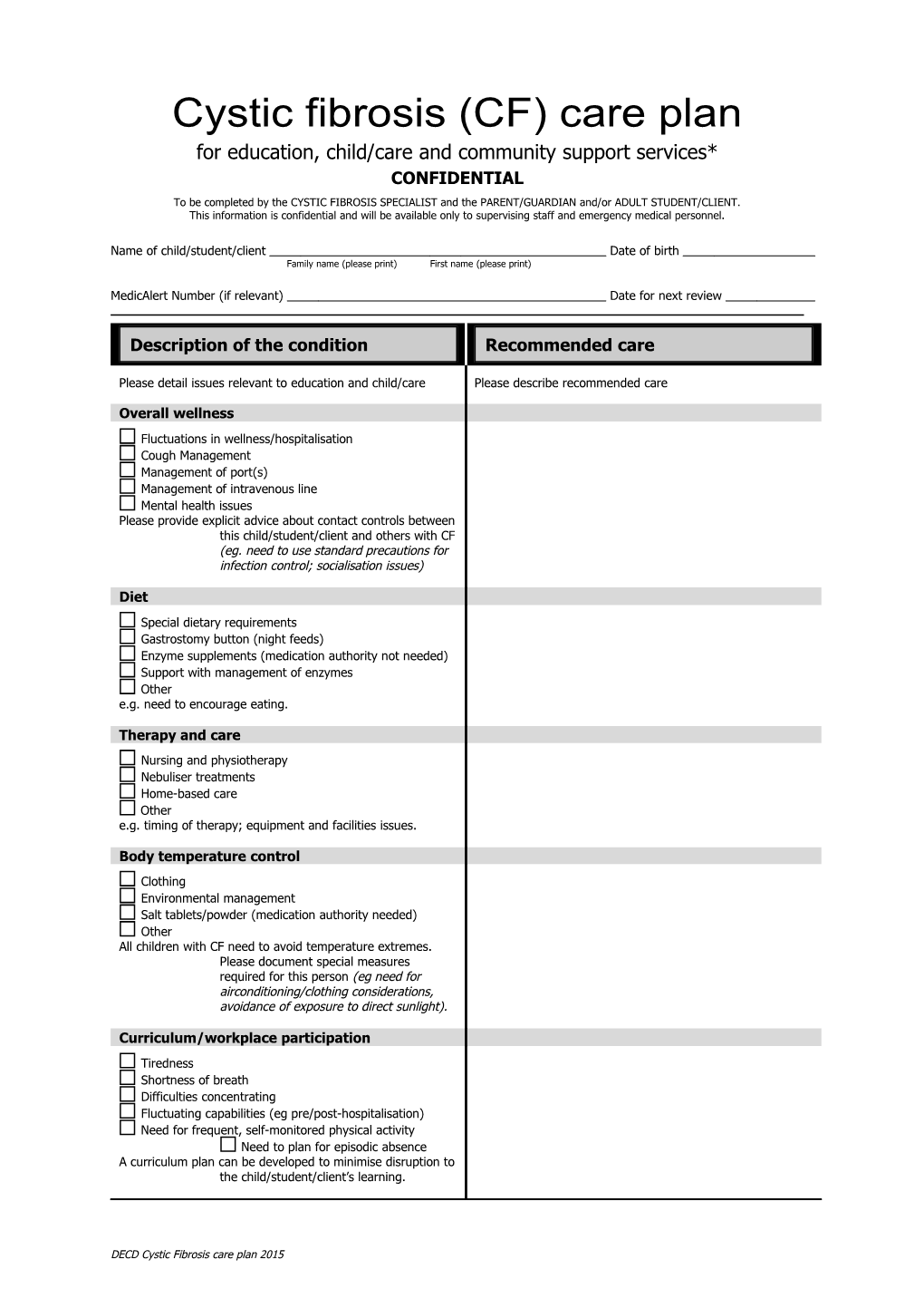 Cystic Fibrosis (CF) Care Plan