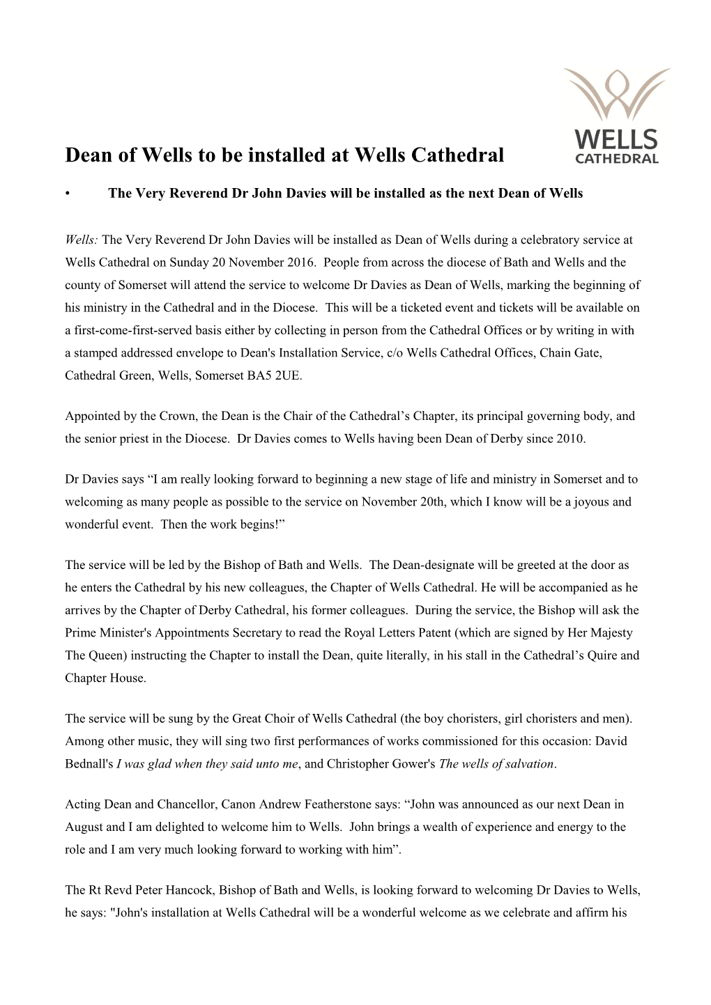 Dean of Wells to Be Installed at Wells Cathedral
