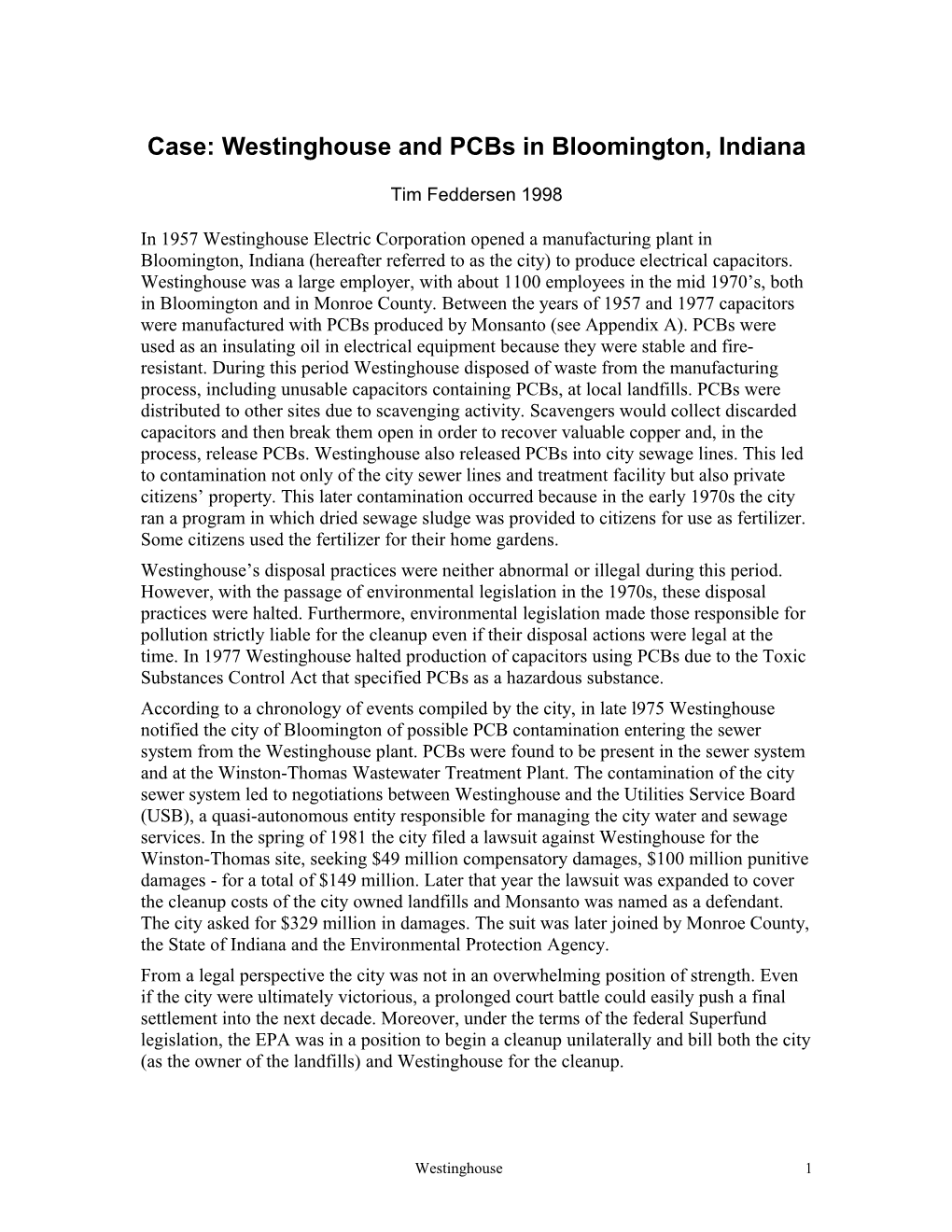 Case: Westinghouse and Pcbs in Bloomington, Indiana