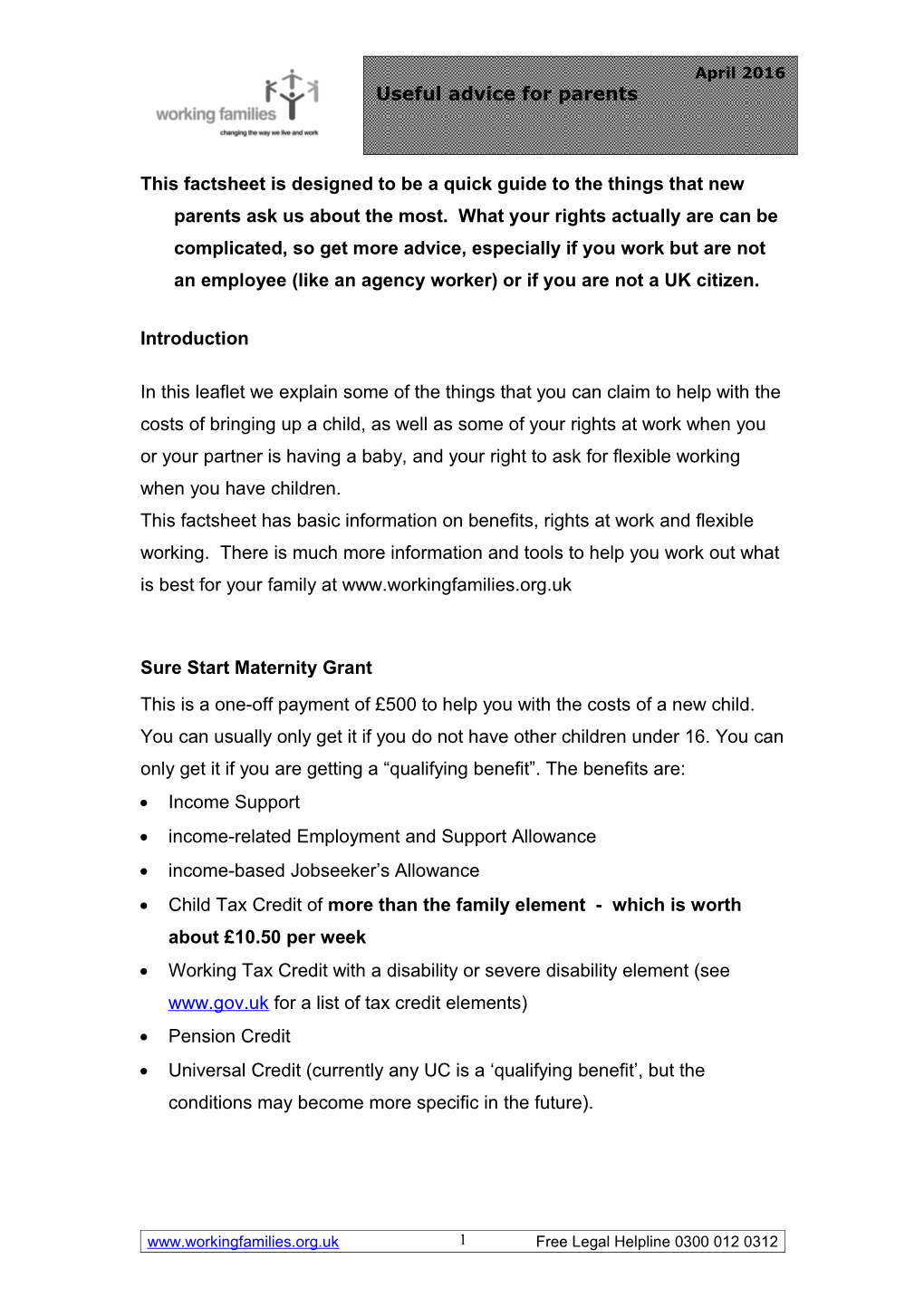 This Factsheet Is Designed to Be a Quick Guide to the Things That New Parents Ask Us About
