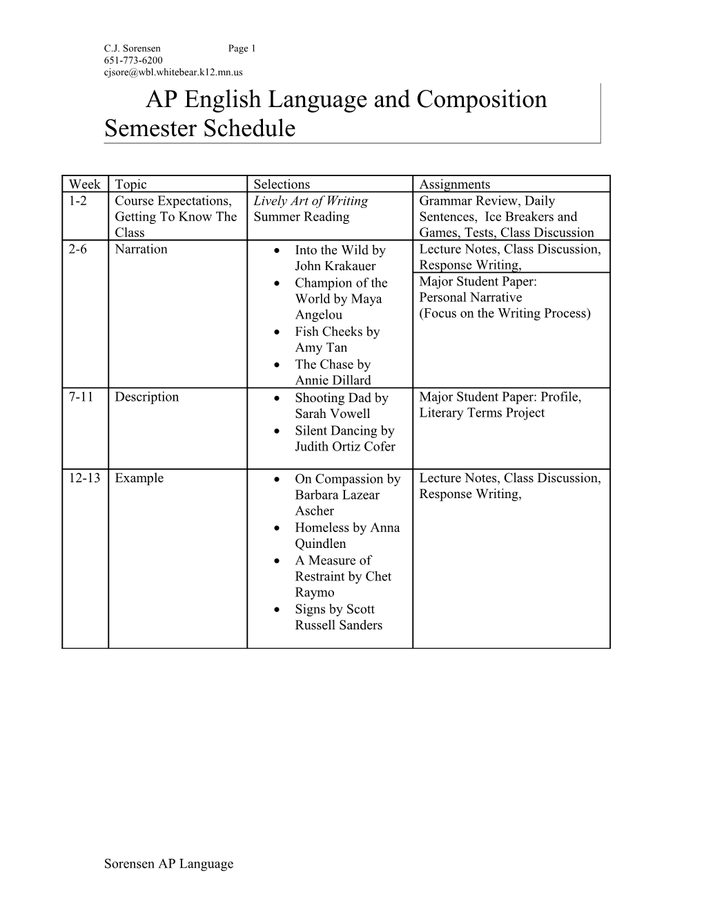 AP English Literature and Composition Semester Schedule