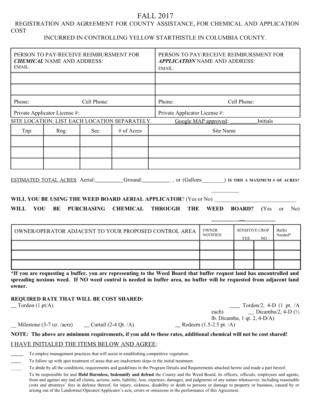 Registration and Agreement for County Assistance, for Chemical and Application Cost