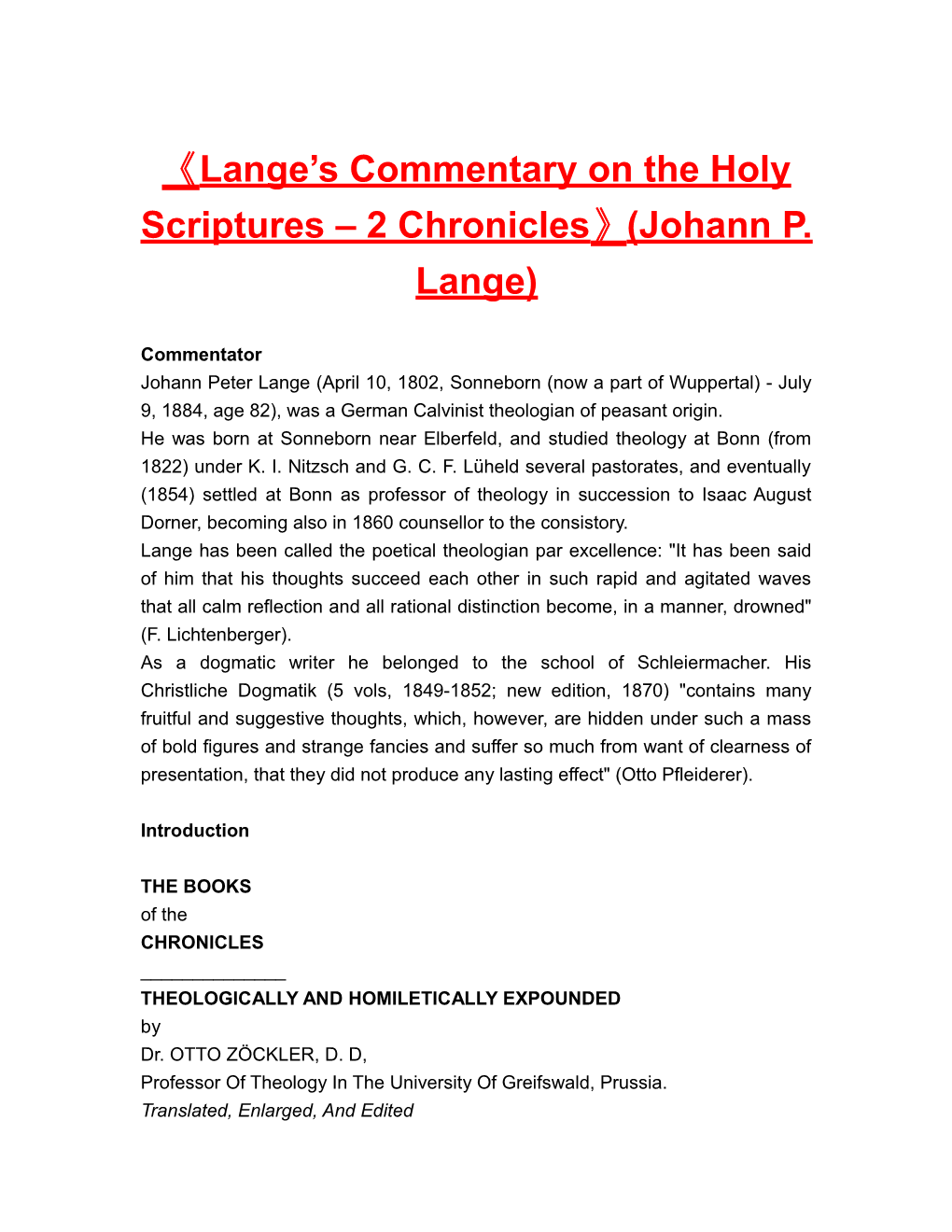 Lange S Commentary on the Holyscriptures 2 Chronicles (Johann P. Lange)