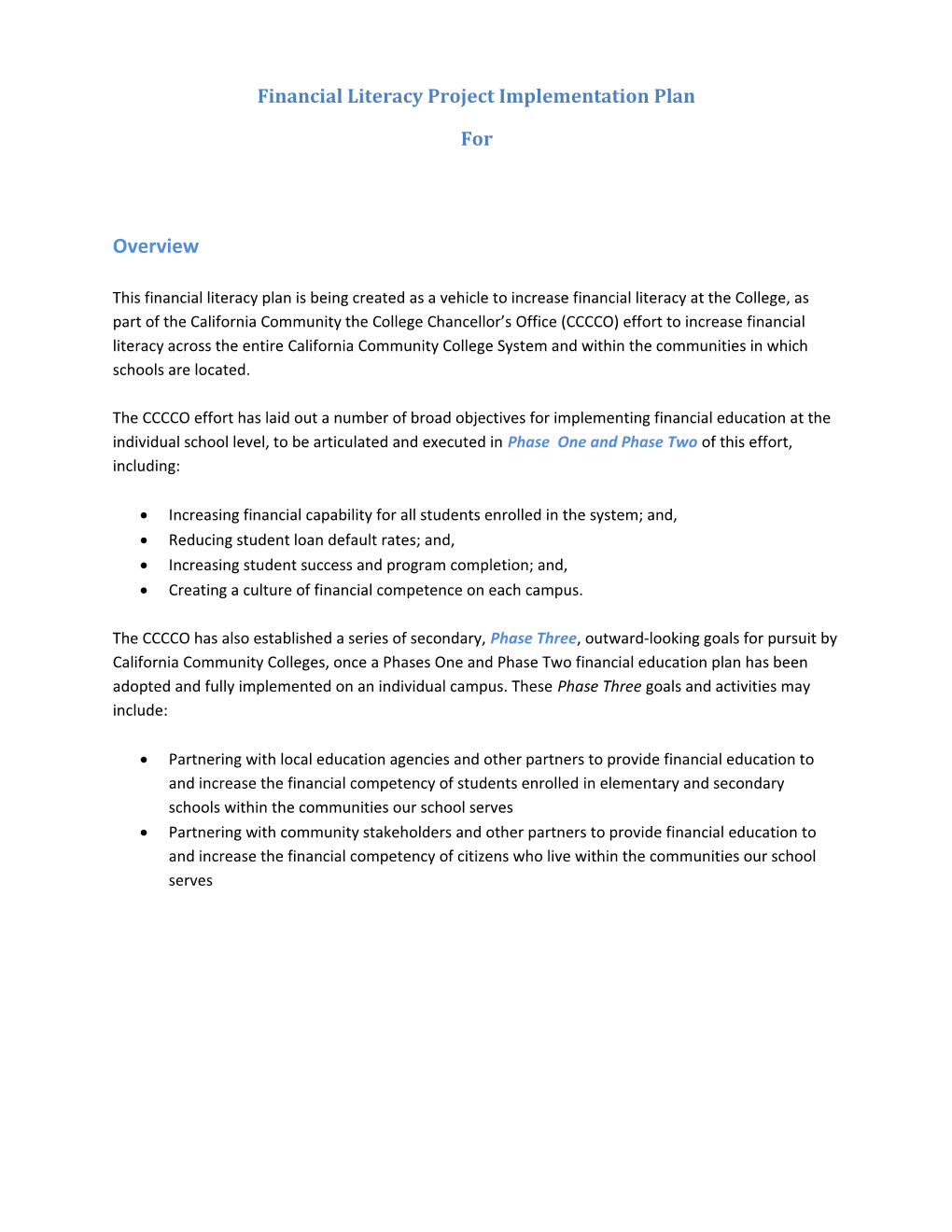 Financial Literacy Project Implementation Plan