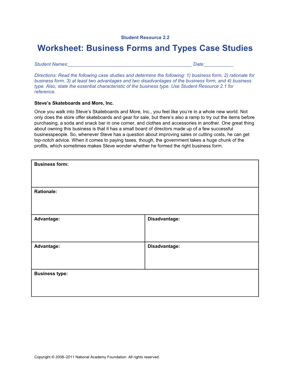 Worksheet: Business Forms and Types Case Studies