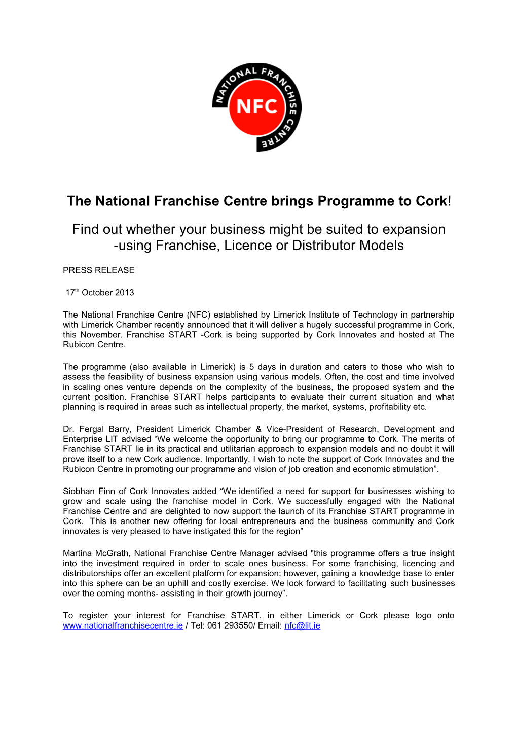 The National Franchise Centre Brings Programme to Cork !