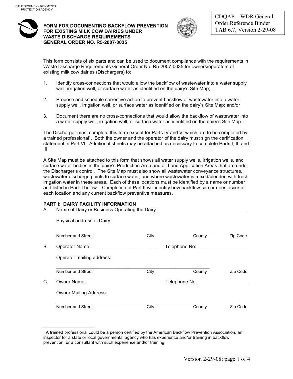 This Form Consists of Six Parts and Can Be Used to Document Compliance with the Requirements