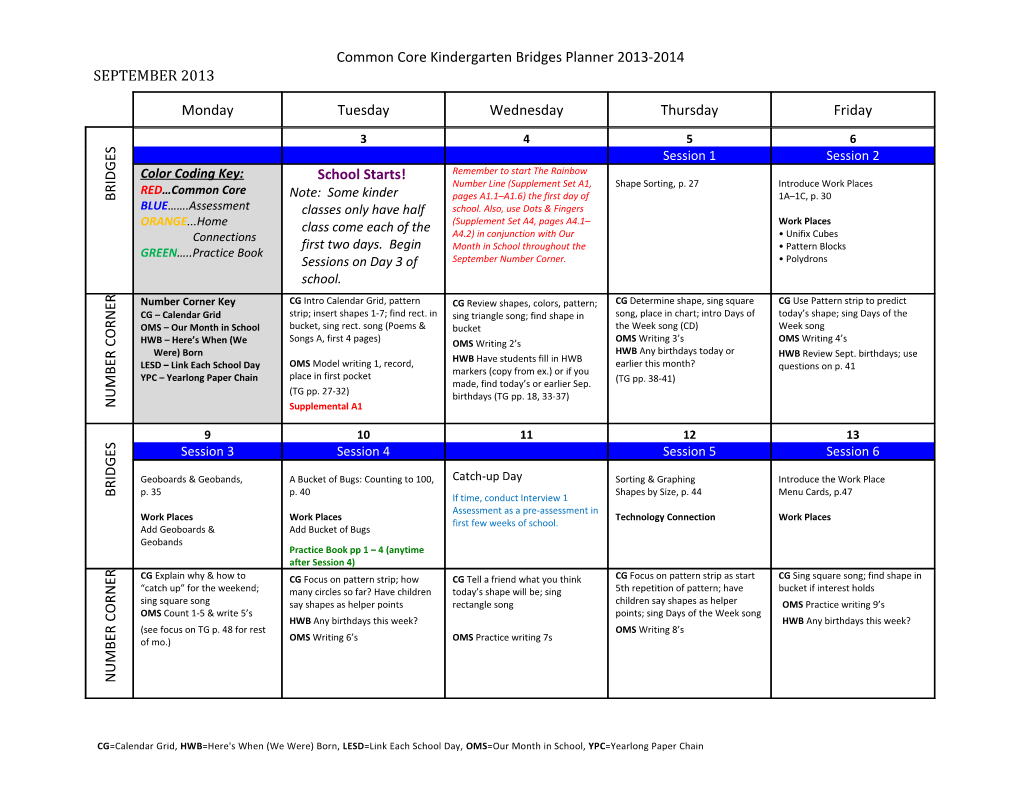 Common Core Kindergarten Bridges Planner 2013-2014