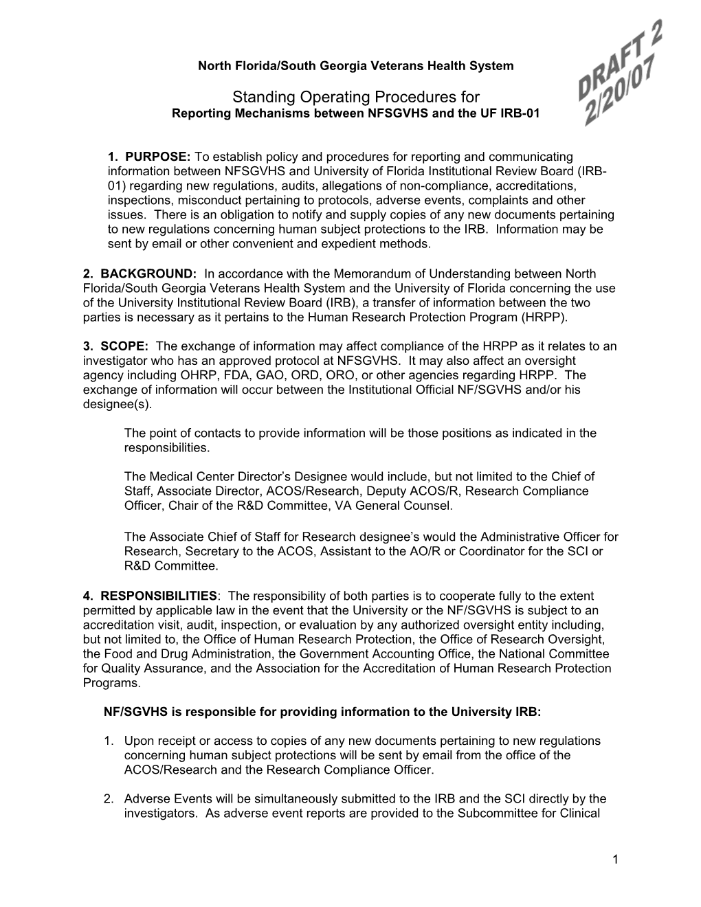 Reporting Mechanisms Between NFSGVHS and the UF IRB-01