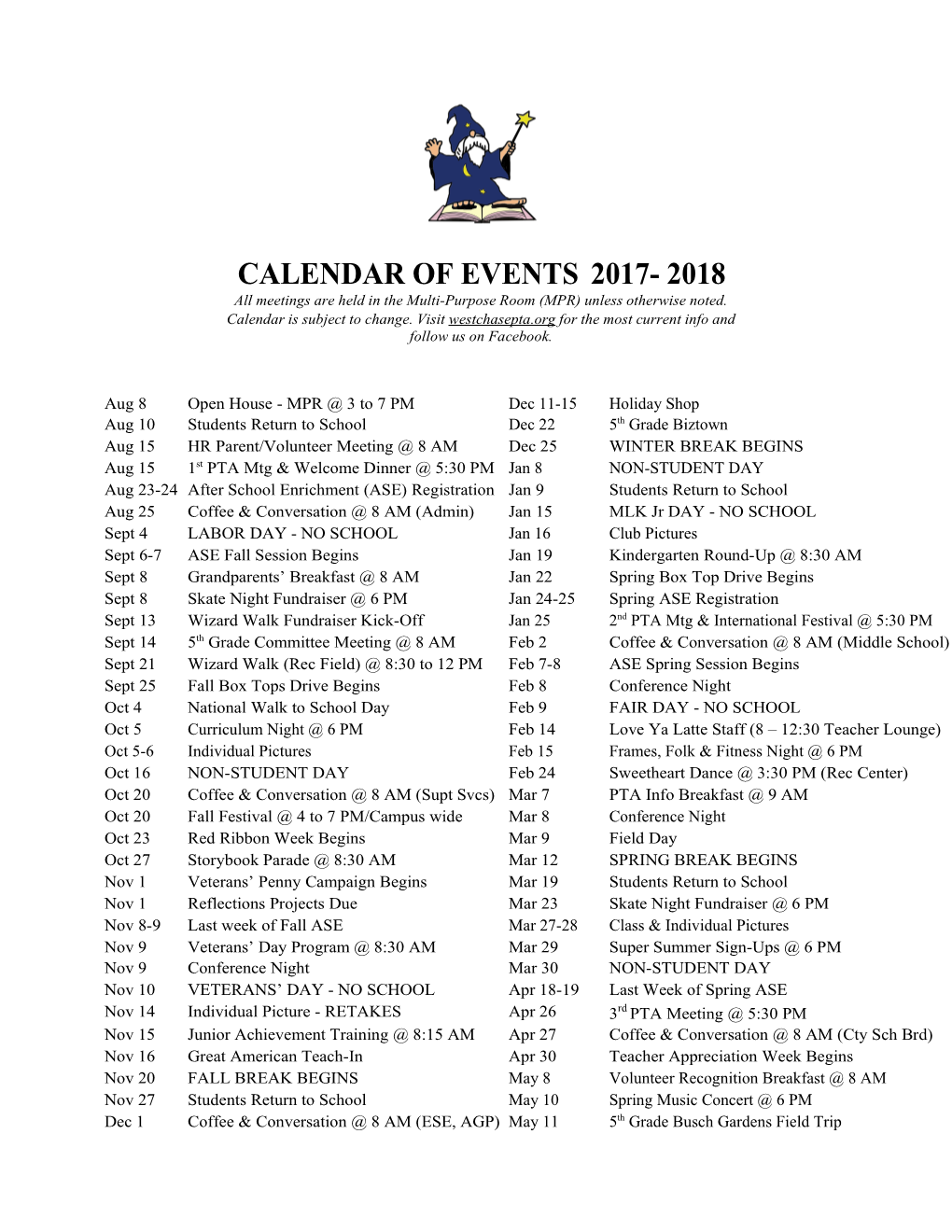 Calendar of Events 2017- 2018