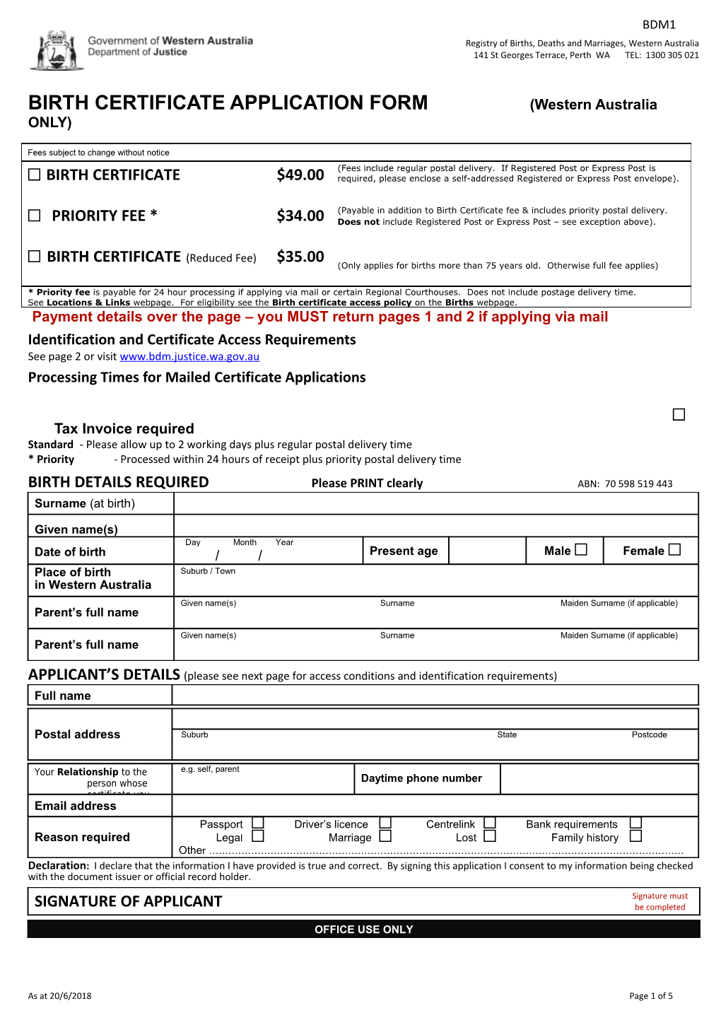 Birth Certificate Application Form - BDM1